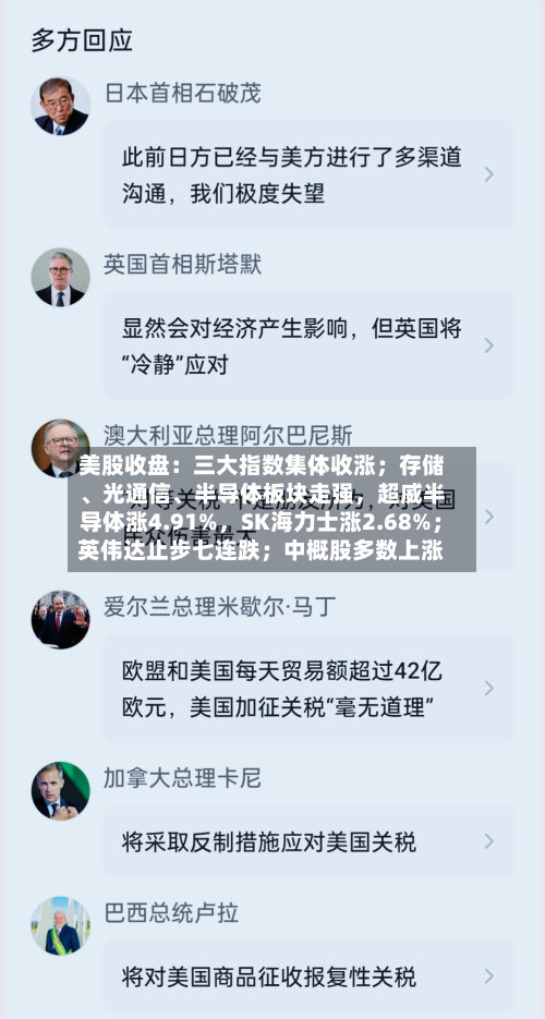 美股收盘：三大指数集体收涨；存储	、光通信、半导体板块走强，超威半导体涨4.91%，SK海力士涨2.68%；英伟达止步七连跌；中概股多数上涨-第3张图片